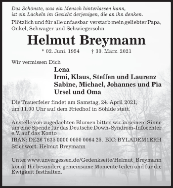 Traueranzeige von Helmut Breymann von Hildesheimer Allgemeine Zeitung
