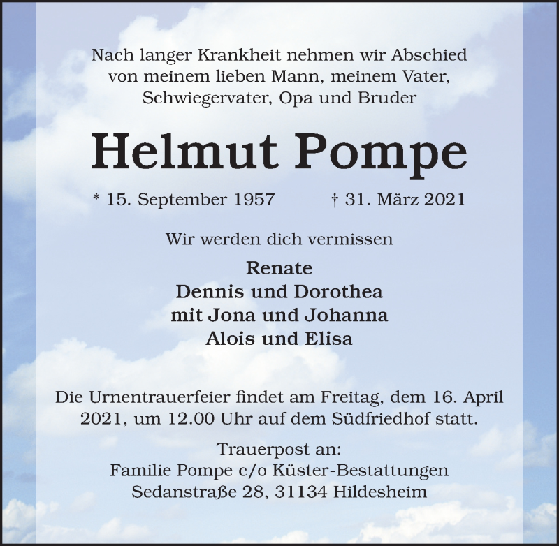  Traueranzeige für Helmut Pompe vom 10.04.2021 aus Hildesheimer Allgemeine Zeitung