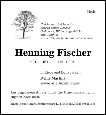 Traueranzeige von Henning Fischer von Hildesheimer Allgemeine Zeitung