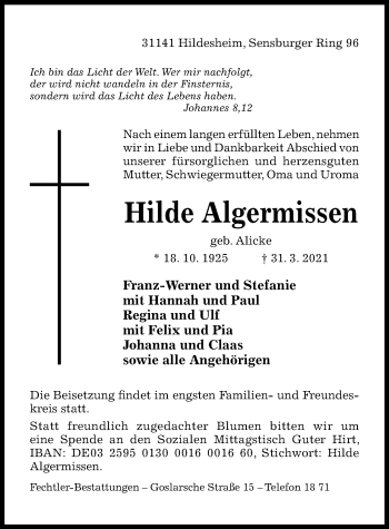 Traueranzeige von Hilde Algermissen von Hildesheimer Allgemeine Zeitung