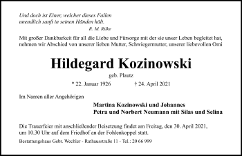 Traueranzeige von Hildegard Kozinowski von Hildesheimer Allgemeine Zeitung