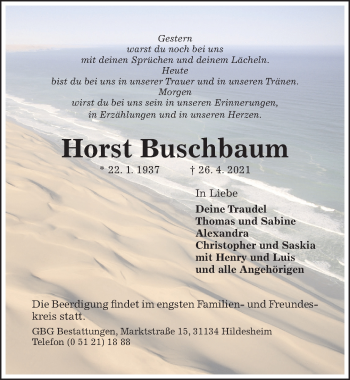 Traueranzeige von Horst Buschbaum von Hildesheimer Allgemeine Zeitung