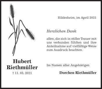 Traueranzeige von Hubert Riethmüller von Hildesheimer Allgemeine Zeitung