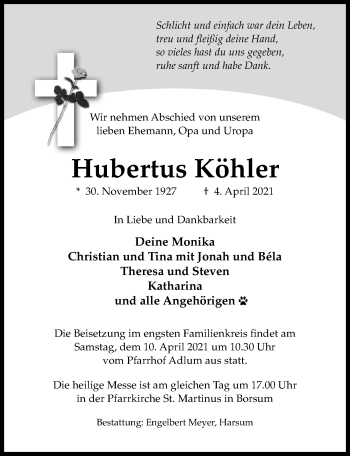 Traueranzeige von Hubertus Köhler von Hildesheimer Allgemeine Zeitung