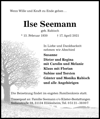 Traueranzeige von Ilse Seemann von Hildesheimer Allgemeine Zeitung