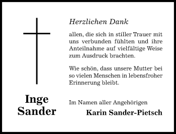 Traueranzeige von Inge Sander von Hildesheimer Allgemeine Zeitung