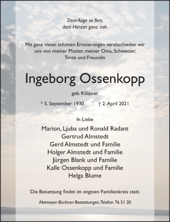 Traueranzeige von Ingeborg Ossenkopp von Hildesheimer Allgemeine Zeitung