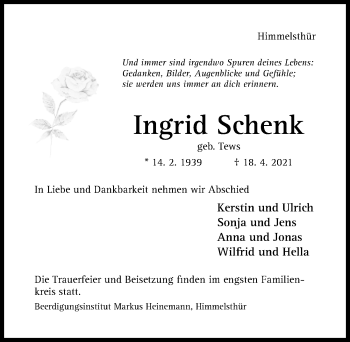 Traueranzeige von Ingrid Schenk von Hildesheimer Allgemeine Zeitung