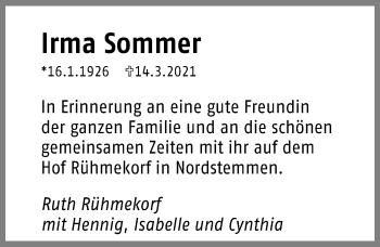 Traueranzeige von Irma Sommer von Hildesheimer Allgemeine Zeitung