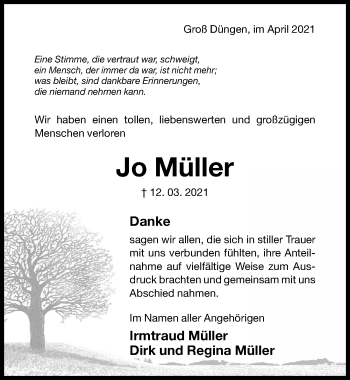 Traueranzeige von Jo Müller von Hildesheimer Allgemeine Zeitung