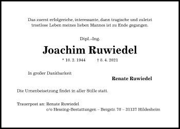 Traueranzeige von Joachim Ruwiedel von Hildesheimer Allgemeine Zeitung