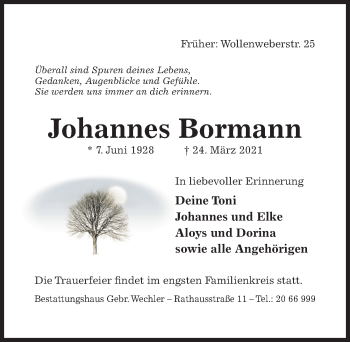 Traueranzeige von Johannes Bormann von Hildesheimer Allgemeine Zeitung