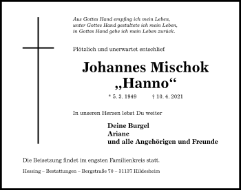 Traueranzeige von Johannes Mischok von Hildesheimer Allgemeine Zeitung