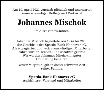 Traueranzeige von Johannes Mischok von Hildesheimer Allgemeine Zeitung