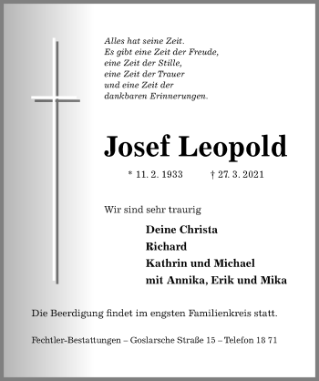 Traueranzeige von Josef Leopold von Hildesheimer Allgemeine Zeitung