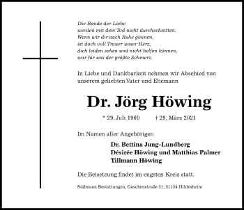 Traueranzeige von Jörg Höwing von Hildesheimer Allgemeine Zeitung
