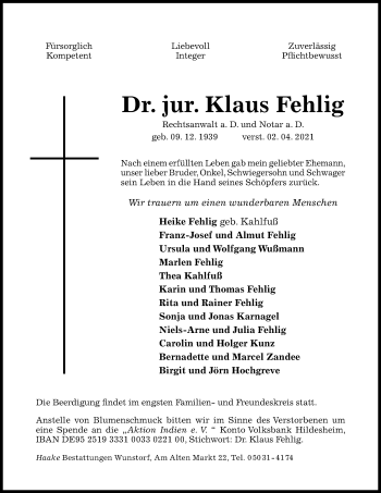 Traueranzeige von Klaus Fehlig von Hildesheimer Allgemeine Zeitung