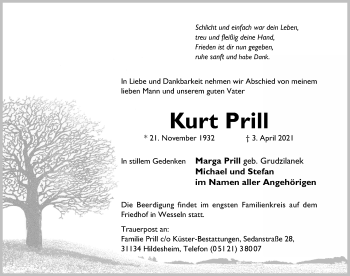 Traueranzeige von Kurt Prill von Hildesheimer Allgemeine Zeitung