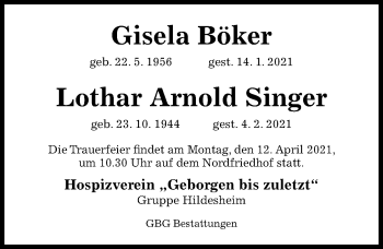 Traueranzeige von Lothar Arnold Singer von Hildesheimer Allgemeine Zeitung