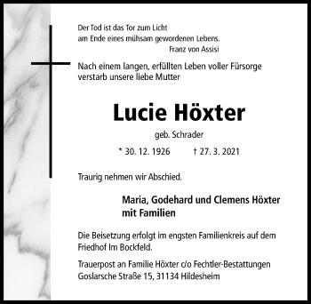 Traueranzeige von Lucie Höxter von Hildesheimer Allgemeine Zeitung