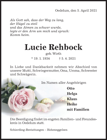 Traueranzeige von Lucie Rehbock von Hildesheimer Allgemeine Zeitung