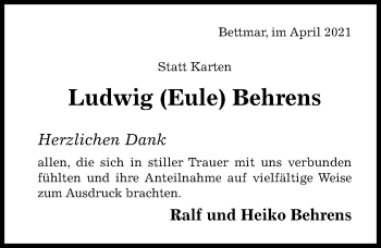 Traueranzeige von Ludwig Eule Behrens von Hildesheimer Allgemeine Zeitung