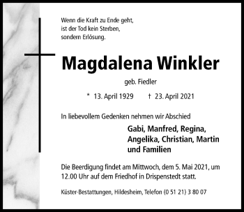 Traueranzeige von Magdalena Winkler von Hildesheimer Allgemeine Zeitung