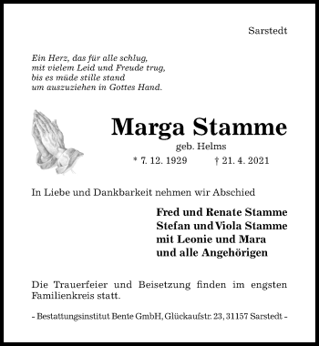 Traueranzeige von Marga Stamme von Hildesheimer Allgemeine Zeitung
