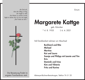 Traueranzeige von Margarete Kattge von Hildesheimer Allgemeine Zeitung