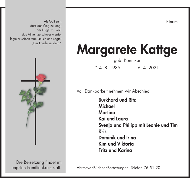  Traueranzeige für Margarete Kattge vom 07.04.2021 aus Hildesheimer Allgemeine Zeitung