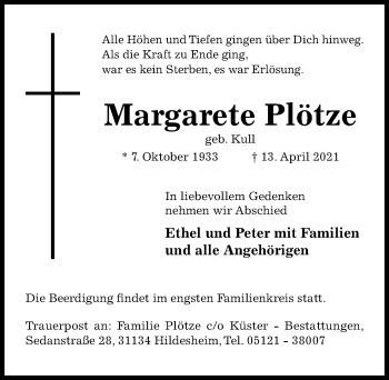 Traueranzeige von Margarete Plötze von Hildesheimer Allgemeine Zeitung