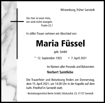 Traueranzeige von Maria Füssel von Hildesheimer Allgemeine Zeitung