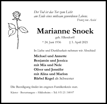 Traueranzeige von Marianne Snoek von Hildesheimer Allgemeine Zeitung