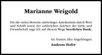 Traueranzeige von Marianne Weigold von Hildesheimer Allgemeine Zeitung