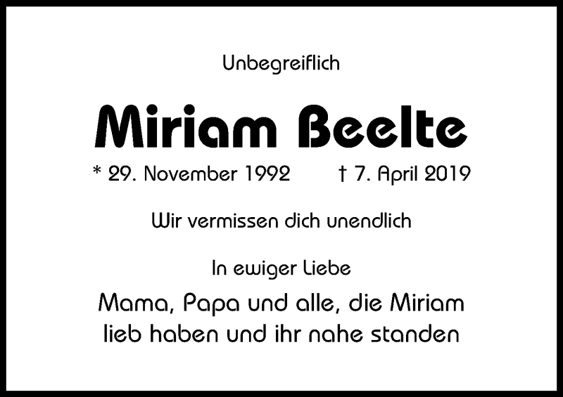  Traueranzeige für Miriam Beelte vom 07.04.2021 aus Hildesheimer Allgemeine Zeitung
