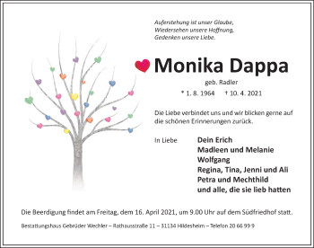 Traueranzeige von Monika Dappa von Hildesheimer Allgemeine Zeitung