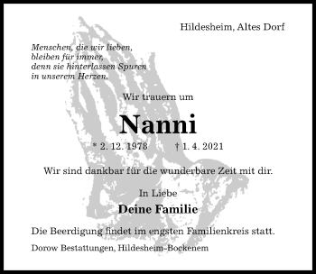 Traueranzeige von Nanni  von Hildesheimer Allgemeine Zeitung