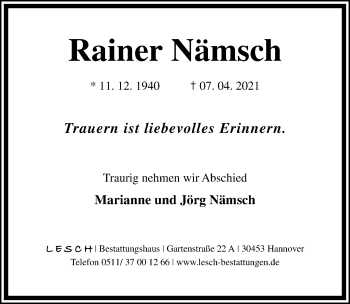 Traueranzeige von Rainer Nämsch von Hildesheimer Allgemeine Zeitung
