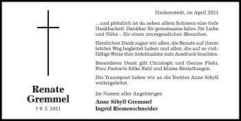 Traueranzeige von Renate Gremmel von Hildesheimer Allgemeine Zeitung