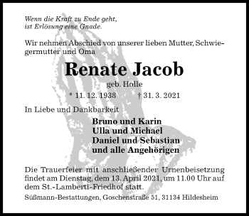 Traueranzeige von Renate Jacob von Hildesheimer Allgemeine Zeitung