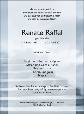 Traueranzeige von Renate Raffel von Hildesheimer Allgemeine Zeitung