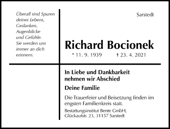 Traueranzeige von Richard Bocionek von Hildesheimer Allgemeine Zeitung