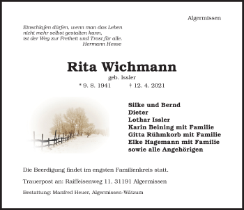 Traueranzeige von Rita Wichmann von Hildesheimer Allgemeine Zeitung