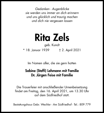 Traueranzeige von Rita Zels von Hildesheimer Allgemeine Zeitung