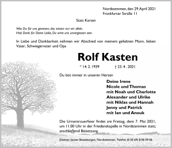 Traueranzeige von Rolf Kasten von Hildesheimer Allgemeine Zeitung