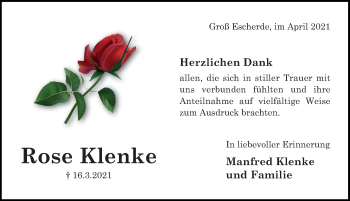 Traueranzeige von Rose Klenke von Hildesheimer Allgemeine Zeitung