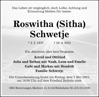 Traueranzeige von Roswitha Schwetje von Hildesheimer Allgemeine Zeitung