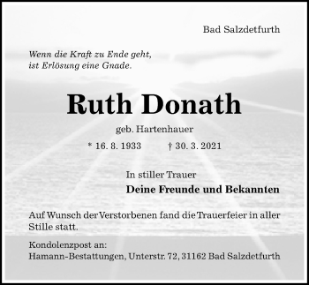 Traueranzeige von Ruth Donath von Hildesheimer Allgemeine Zeitung