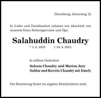 Traueranzeige von Salahuddin Chaudry von Hildesheimer Allgemeine Zeitung