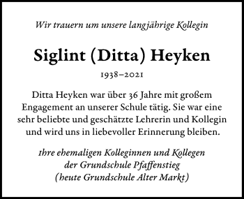 Traueranzeige von Siglint Heyken von Hildesheimer Allgemeine Zeitung
